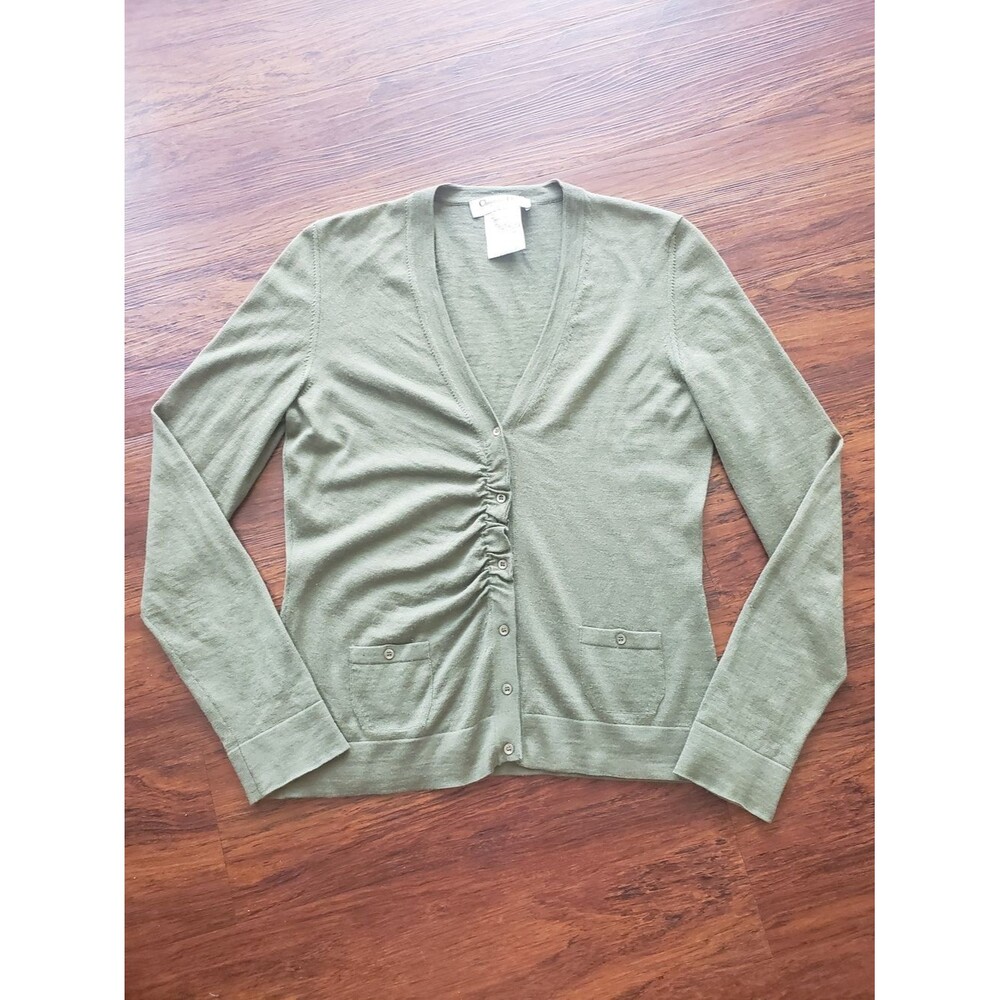 Christian Dior Olive Green Knit Cardigan Sweater Size 6 Vintage Designer Preppy
